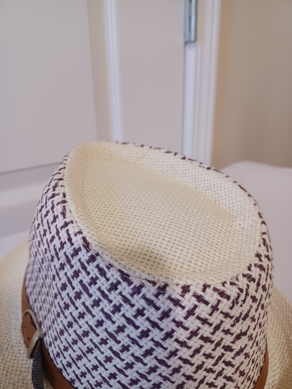 Straw Fedora Hat with Brown Belt - Cream & Purple - Picture 7 of 16